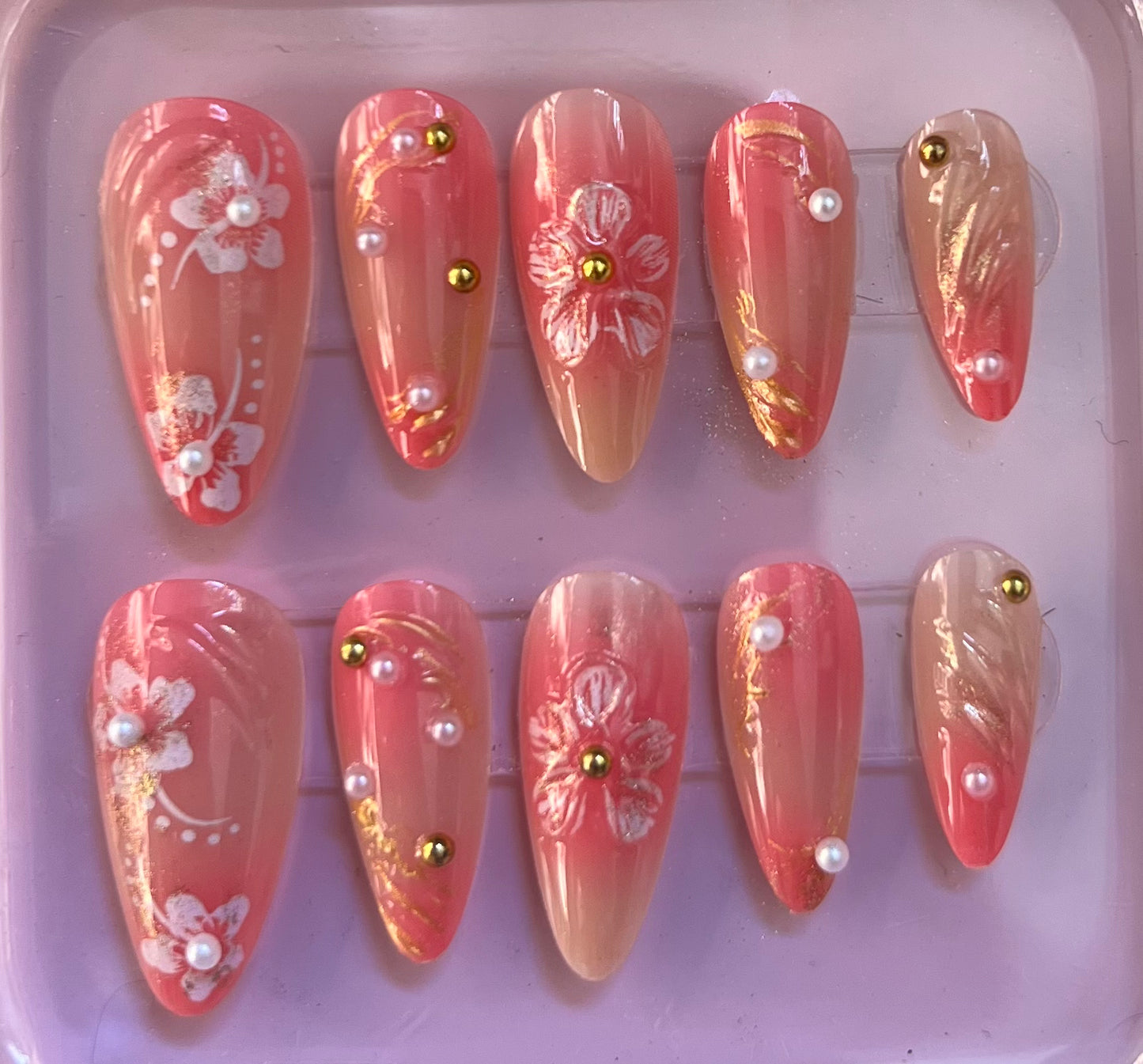 Press-On Nails – Fleurs Roses 3D & Strass🌸✨