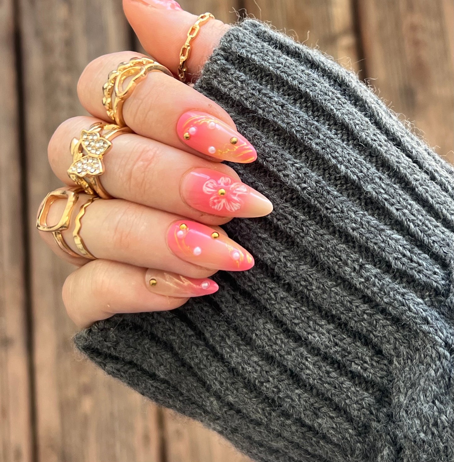 Press-On Nails – Fleurs Roses 3D & Strass🌸✨