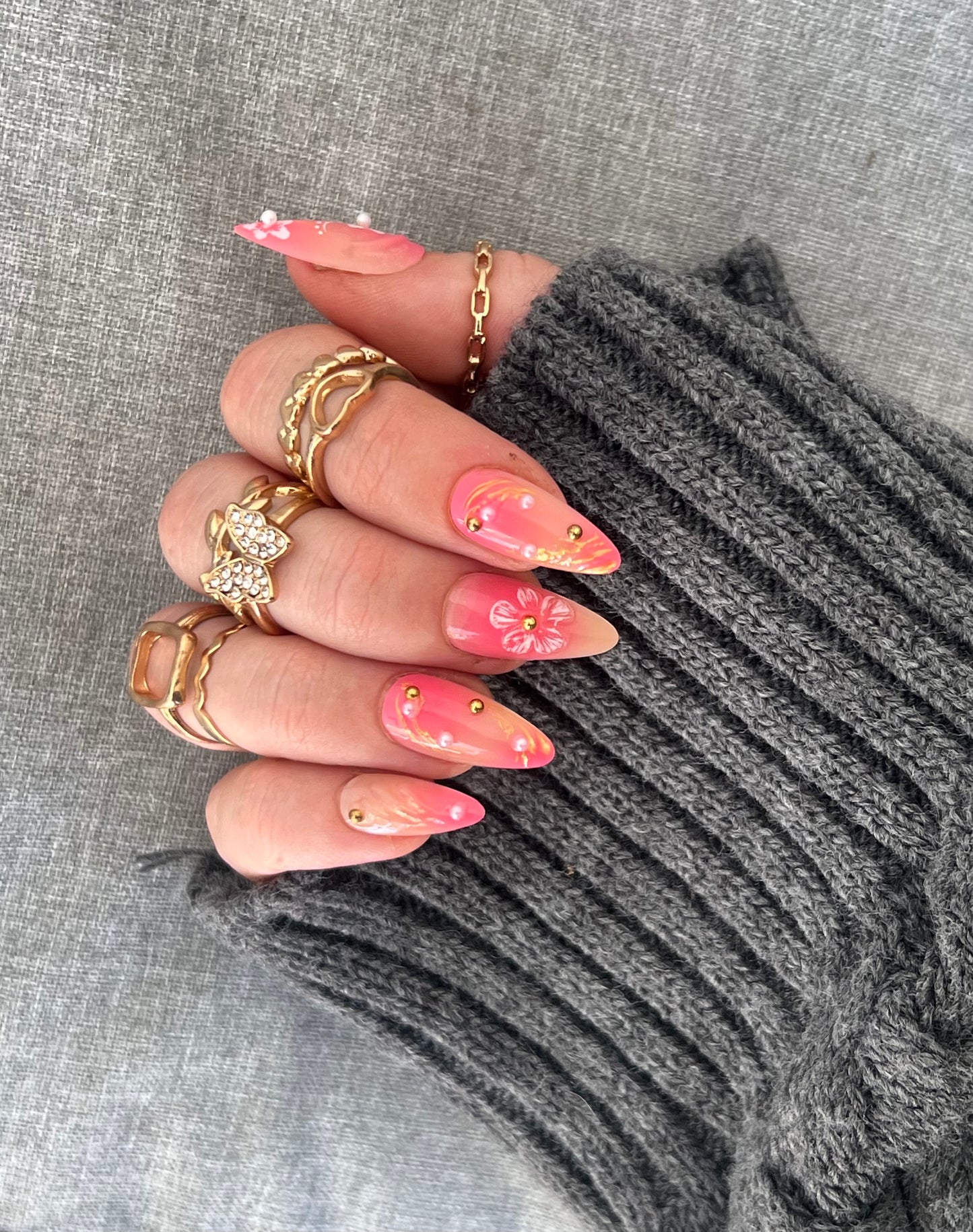 Press-On Nails – Fleurs Roses 3D & Strass🌸✨