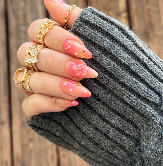 Press-On Nails – Fleurs Roses 3D & Strass🌸✨